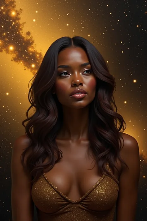 Create a hyper-realistic, rendered image with multiple layers. The background should feature a gradient nebula, symbolizing the vast universe and spirituality, enhanced with dynamic light effects. Incorporate the colors golden yellow and dark purple in bot...