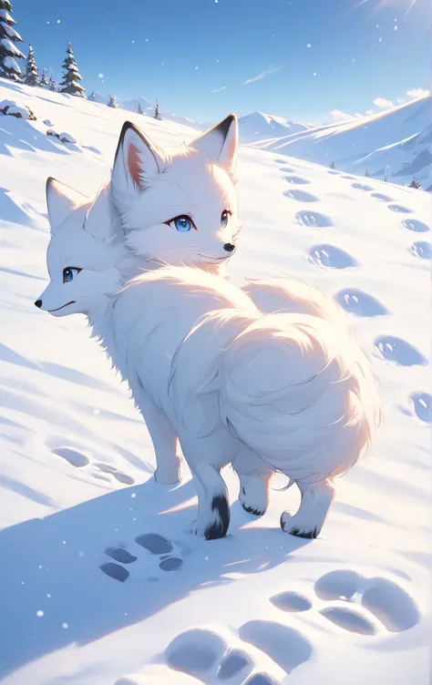  masterpiece:1.2，  top quality， high definition ，8ｋ， ((Footprints in the snow:1.2))，Walking on snow，Its a white baby fox，cute,