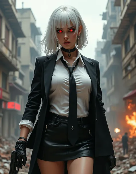 1 woman, Close up shot, (White hair,  Medium Length Hair ,  big boobs,  red eyes),  perfect anatomy , city,  cyberpunk style , ((white shirt, The black jacket , black skirt, navel, , black gloves, tie, wrist watch , earring, visible black leggings)), (( Ho...