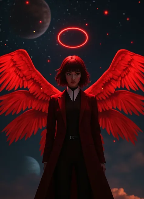 Enhance the image and make her be an angel by keeping her six red wings and red halo and make her look like a beautiful 18-year-old wearing a burgundy suit with short, creepy hair thrown back make her fly over outer space with stars and planets around and ...