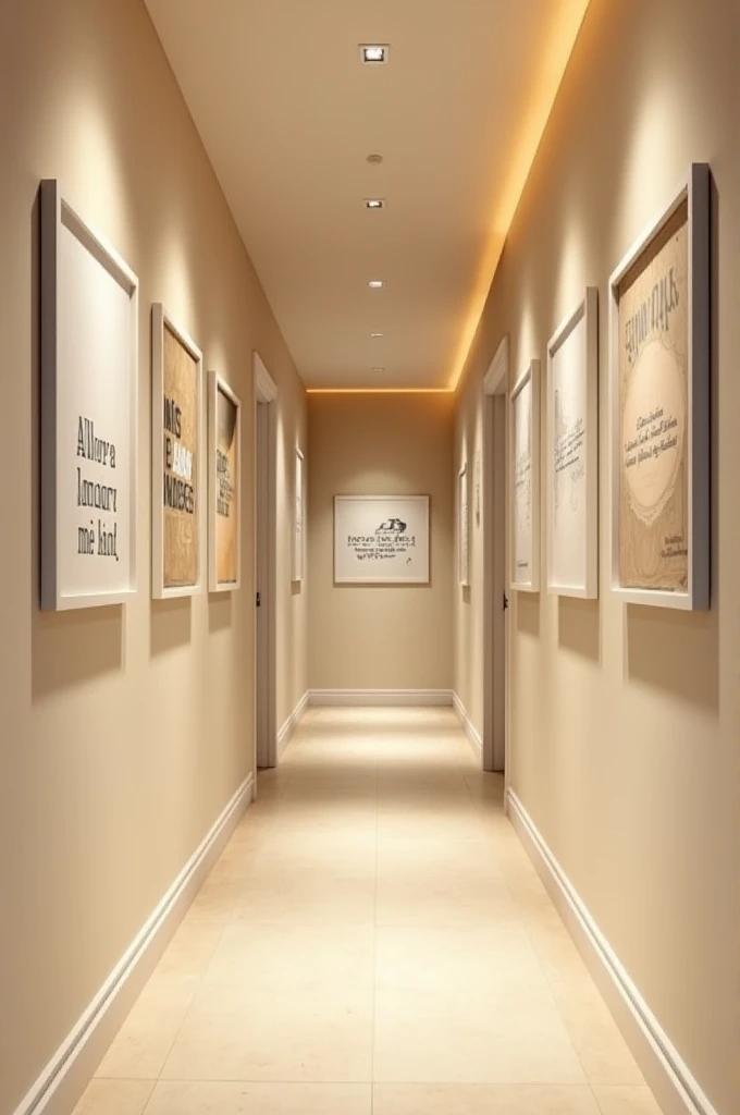  Here it is a detailed prompt for creating your hallways decorated environment in an image-generation AI:

Prompt:
" A narrow corridor and about 6 meters long ,  without furniture or objects on the floor ,  designed for accessibility .  The walls are paint...