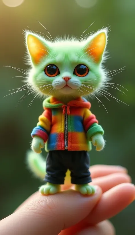 make  " Realistic image of cute cat fur of green color due to genetic disorder,  super mini very small size  ( 2cmx3cm  ) , sapphire red-eyed  ,  stands on the fingers of a human hand  ,  Its fur is soft glowing smooth  ,  wears a shirt colored shirt and b...