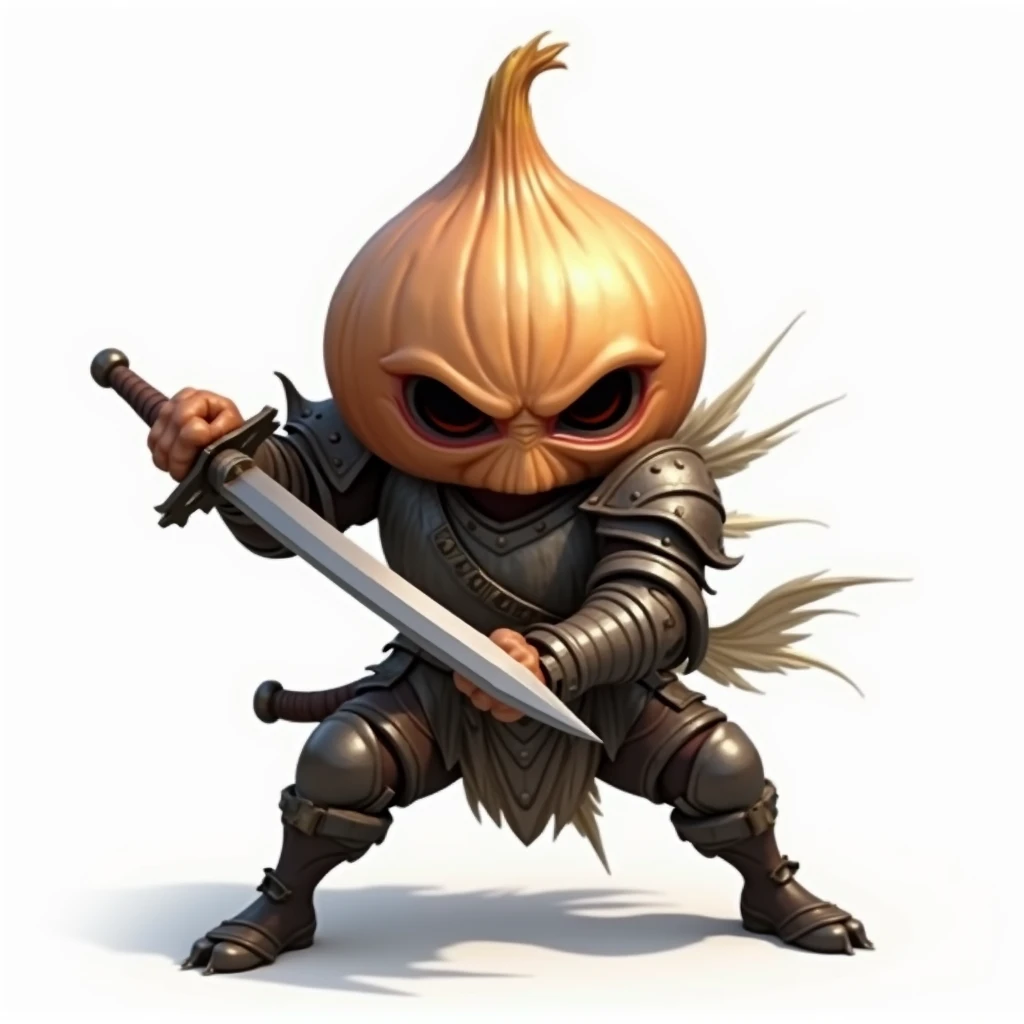 Onion Swordsman、Big head、Scared Onion 、 is wearing armor、 Holding a Sword 、 Waving a Sword 、Violent、 is about to attack、 has a white background、 facing the front 