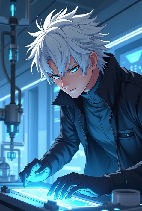 Handsome young man with blue eyes, white hair, tall anime hero putting formula
