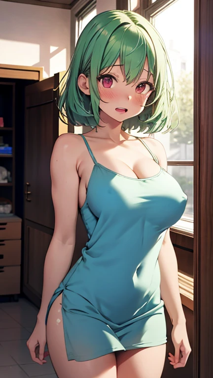 nsfw,mastute piece,Best Quality,insanely detailed,8k cg,
(upper body:1.3),(from front:1.3),(symmetry),(1girl),((arms behind back)),(standing),(light green hair:1.1),((large breasts:1.3)),(blush:1.2),shy,(ecstasy face:1.2),(trembling:1.2),(open mouth:0.9),(...