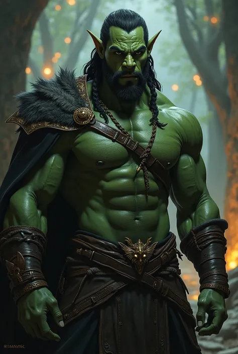 A full-body representation of a striking and charismatic orc, in a dark fantasy setting. He has smooth olive skin and small, prominent fangs in his mouth that enhance his sensual, imposing presence. Her eyes are almond-shaped and black, with a mysterious a...