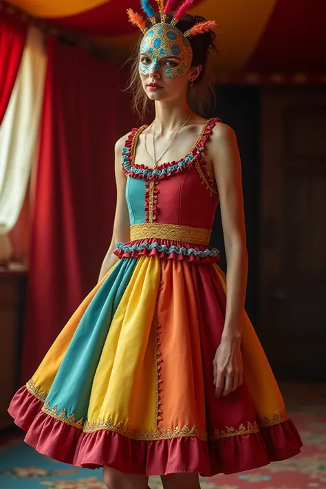 More at the same time feminine knee-length colorful circus dress.  She works in the circus tent and wears a beautiful simple mask that covers her entire face. Show the full dress 