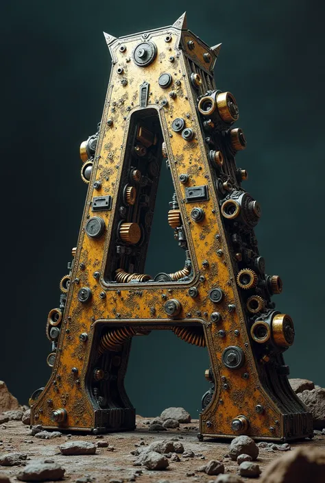 Imagine the letter A in hyperrealistic uppercase with highly intricate details in steampunk style/Cyberpunk futuristic/hi-tech