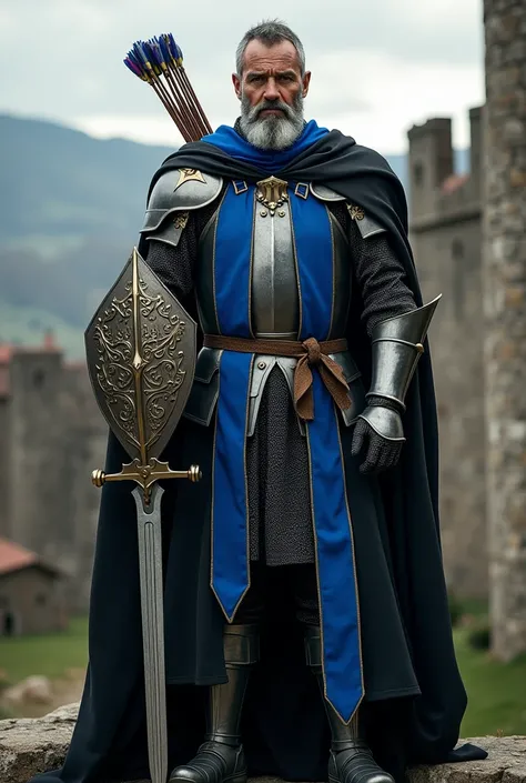 Medieval knight wearing black and blue graduation gown,  holding shield and sword and a bow and arrow on his back 