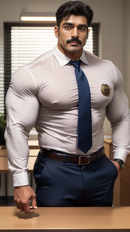 Detailed face of age 40, handsome cute dimples face indian man police detective, kind demeanor, strong and muscular yet chubby build, mustache, wearing dress pants and a buttoned-open translucent shirt that reveals a hairy chest and a noticeable bulge, wea...