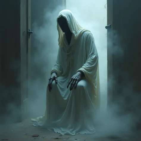 Phantasmagorical Style,  ghostly and dark souls ,  ghostly fog , (transparent, floating), Gothic horror ,  ragged ghostly clothes, Light gray,  grim reapers face ,  full body , cornered in a haunted oil painting, hyperrealism,  ghostly claws , cornered, (s...