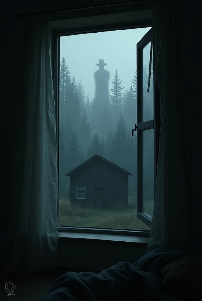  An open window in a simple house ,  with curtains slightly moved by the wind . do lado de fora,  a dark forest is in the background ,  and a tall and indistinct shadow seems to be standing among the trees, Observing the house .  The mood is one of mystery...