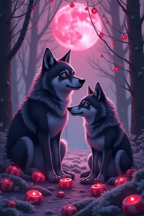 Generate an image with lots of cute wolves and candies but that says of album x021 and that says Erick colors purple black red and a little white