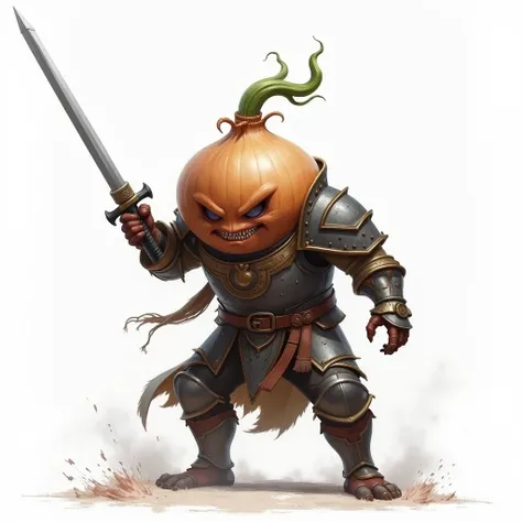 Onion Swordsman、Big head、Scared Onion 、 is wearing armor、 Holding a Sword 、 Waving a Sword 、Violent、 is about to attack、 has a white background、 facing the front 