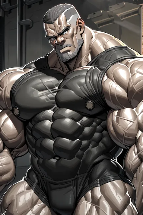 A huge cocky muscular military man, proudly showing off his muscles in a double bicep pose, tanned skin, incredible muscle, big pecs, buzzcut, grey hair with white streak, Rugged face, 