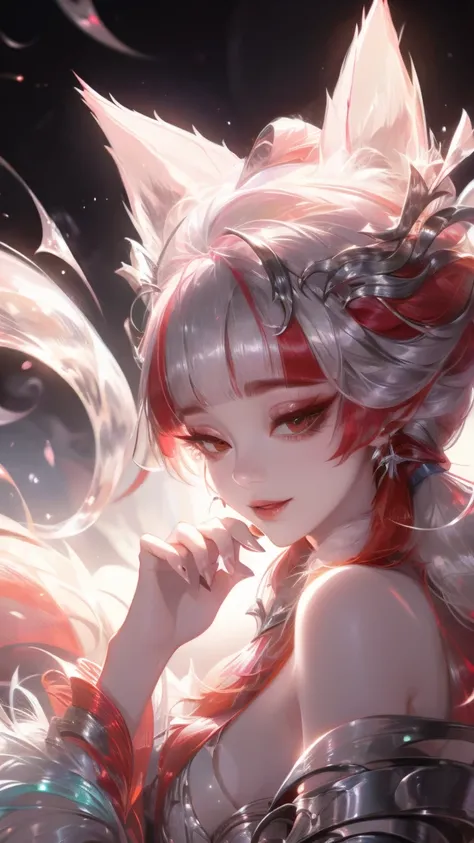  High Resolution ,  high detail,  High Quality ,:Icefield， Sea of Trees，A Chinese nine-tailed fox ，Bangs,silver long hair, Completely naked， unclothed ， Textured Skin ,  reveals its fur in the central part，Smile， watching people 