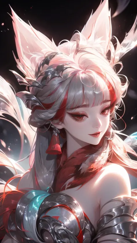  High Resolution ,  high detail,  High Quality ,:Icefield， Sea of Trees，A Chinese nine-tailed fox ，Bangs,silver long hair, Completely naked， unclothed ， Textured Skin ,  reveals its fur in the central part，Smile， watching people 