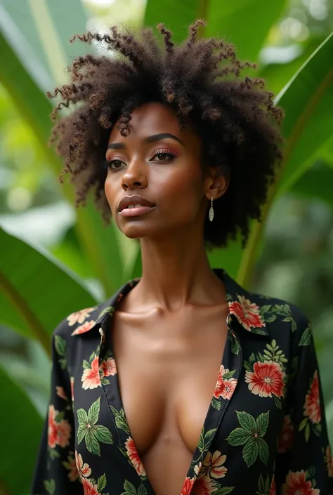  A Brazilian woman in a lush tropical garden,  wearing an open shirt with floral print , with a close-up capturing the harmonious beauty between her exposed breasts