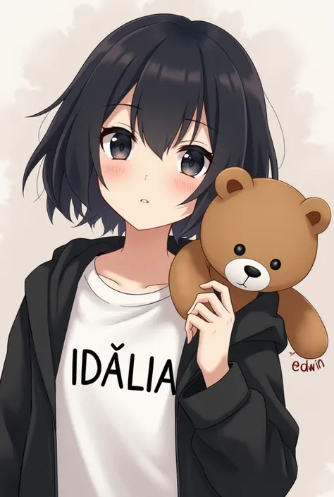 A girl with short black hair in anime ,  with black eyes wearing a shirt with the letters of Idalia , a black jacket,  wearing a teddy bear with the letters of Edwin 