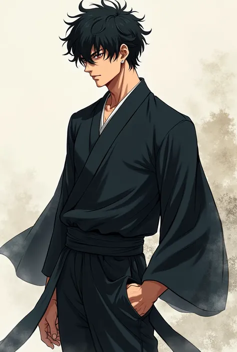  Dark-haired young man , with curly black hair,  athletic body , dressed in black Japanese school uniform,  drawn with the art of Jujutsu Kaisen