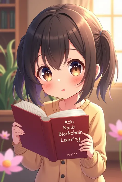 "A cute girl with deep eyes look like acki nacki reading a book.the name of the book is " Acki Nacki Blockchain learning"
Make me an anime style photo 