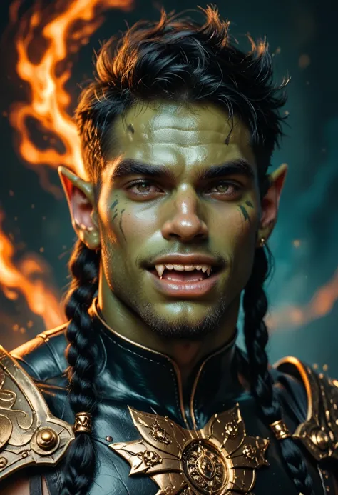 A full-body representation of a striking and charismatic orc, in a dark fantasy setting. He has smooth olive skin and small, prominent fangs in his mouth that enhance his sensual, imposing presence. Her eyes are almond-shaped and black, with a mysterious a...