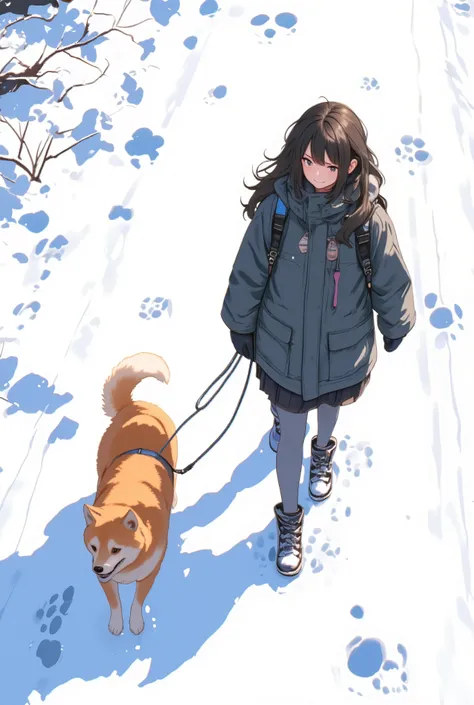 Dog and snow boot footprints,from above,Japanese theatrical animation style illustration,Akita dog and human walking in the same direction on snowy road, snow footprints, profile, woman smiling, dog enjoying walk, thermal parka, thermal fleece skirt, thick...