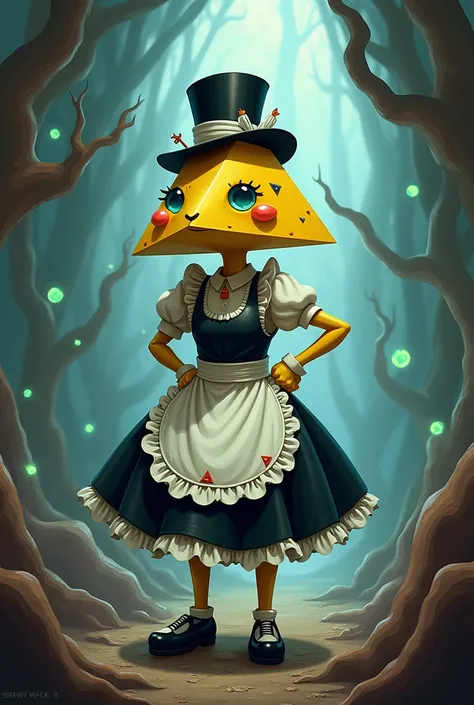 A Bill cipher  from gravity falls wearing a maid