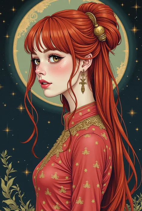  beautiful, redhead, long hair,  hairstyle on the side , brown eyes, parts, pink skin, senos medianos, neckline, magical, Mystic, psychedelic, fancy, ethereal, gold edge, graphic novel, linear drawing, traditional, ancient, elegant, elegant, sophisticated,...