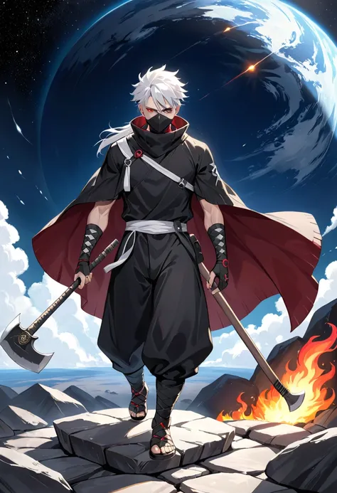 Pale, serious and tired man with white hair with red streaks combed back. Heterochromia with one eye brown and the other black and white. Wears modern urban ninja clothing with a black high-necked poncho hiding his face. He is holding a battle axe in black...