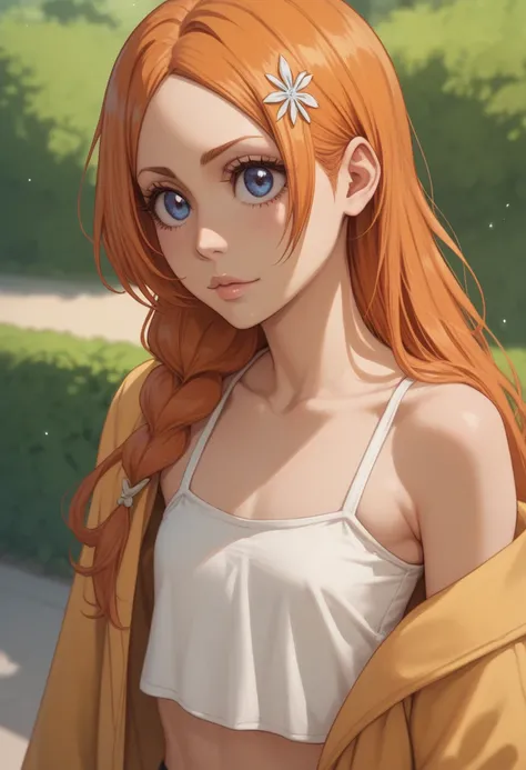 Orihime Inoue (Bleach) with long red hair and large DARK BLUE big eyes. White PALE skin. Loli flat chest with yellow casual outfit.