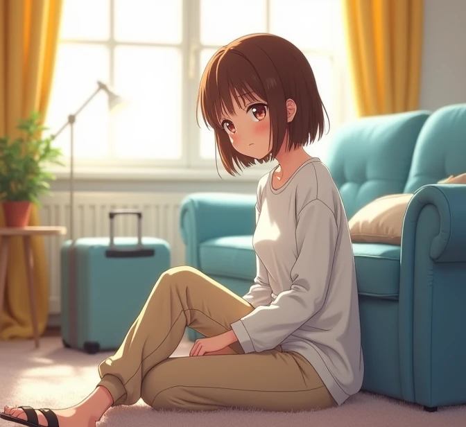  A 39-year-old anime-style woman , anime To love ru,  low lighting , medium opacity ,  sitting on the carpet near a table in the living room , white house,  light blue furniture around the living room ,  the windows are covered with yellow curtains , durin...