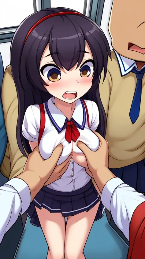 Cute girl, slim, small teen, dark hair, scared, being groped, crowded train, school girl outfit, nsfw, many groping, NSFW 