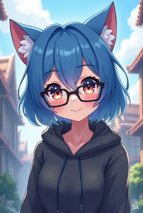  cute anime girl with cat ears , ,blue hair ,square black glasses ,   dark grey hooded sweater  , League of Legends in the background 