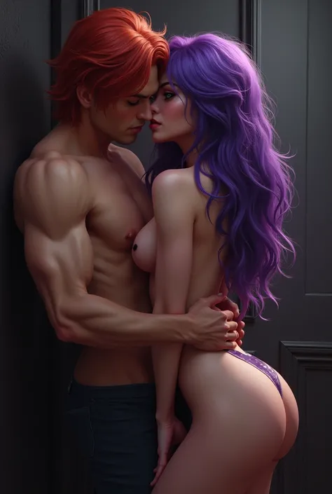 Woman with violet hair with red hair man and black hair man makes threesome
