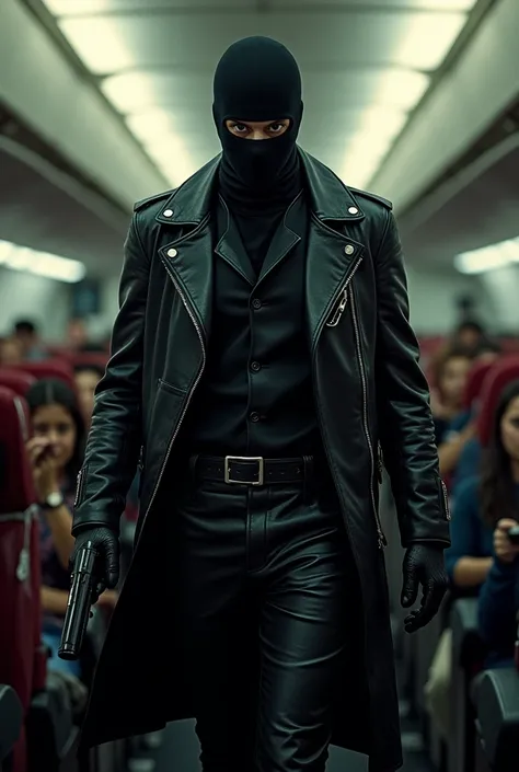  wears a leather jacket and leather pants and leather gloves( The main character is Lupin II, a balaclava who hijacks an airplane and 『Put your hands up!。(katya)』and points a handgun 