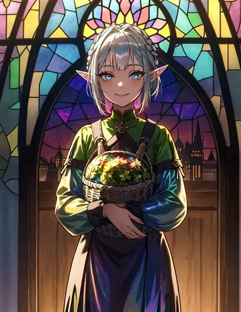 The background is a sunset sunset 、 medieval cityscape with basket、Inside the kaleidoscope、 stained glass background、Green clothing、Rinwell style braided silver short hair( Holographic :1.2),  pointed ears、Elf、 blue eyes、 Rough Outfit 、 long lashes,smile、M...