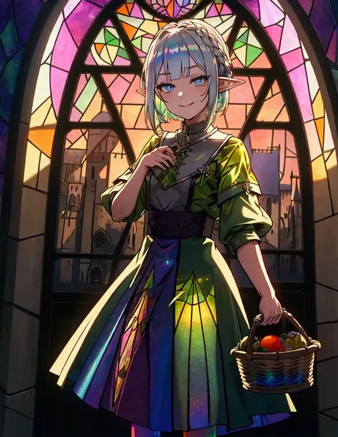 The background is a sunset sunset 、 medieval cityscape with basket、Inside the kaleidoscope、 stained glass background、Green clothing、Rinwell style braided silver short hair( Holographic :1.2),  pointed ears、Elf、 blue eyes、 Rough Outfit 、 long lashes,smile、M...