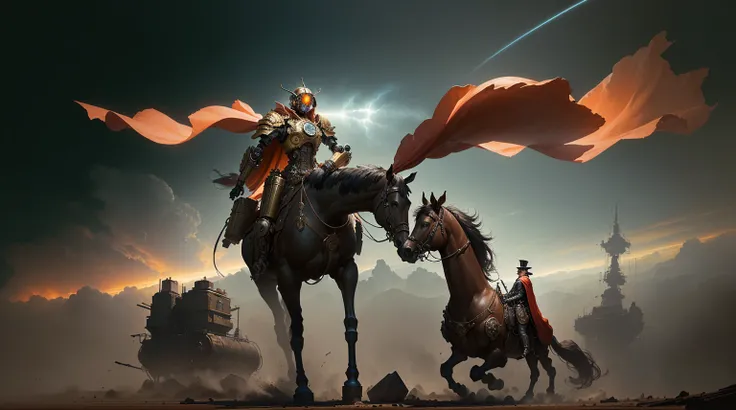  there is a robot riding a horse with a red cape,  inspired by Brian Despain , sergey kolesov,  uniform by Ludwik Konarzewski Jr , by Ludwik Konarzewski, inspirado por Rodney Matthews,  concept art by Sergey Kolesov , steampunk horse, mechanized concept ar...