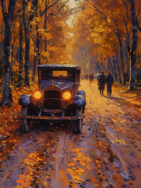 ObYouHua ,painting, The image is vivid ,  The impressionist painting depicts an autumn street scene .  in the foreground, a close-up view of a car, The ，  headlights during World War II are on ,  projects a warm ,  Golden light.  The road underneath the ca...