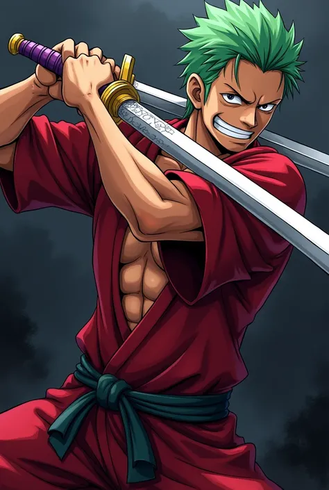 zoro picture red color black loose tu hold right hand sword white left hand sword purple mouth sword black