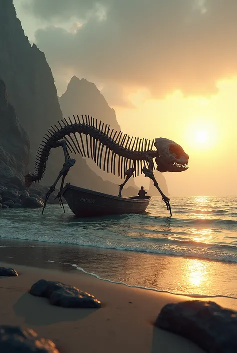 The sunrise illuminates the skeleton of the giant fish next to the boat on the shore.