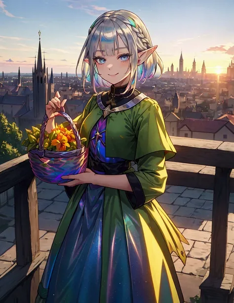 The background is a sunset sunset 、 medieval cityscape with basket、Inside the kaleidoscope、Green clothing、Rinwell style braided silver short hair( Holographic :1.2),  pointed ears、Elf、 blue eyes、 Rough Outfit 、 long lashes,smile、Mr.々Expression,