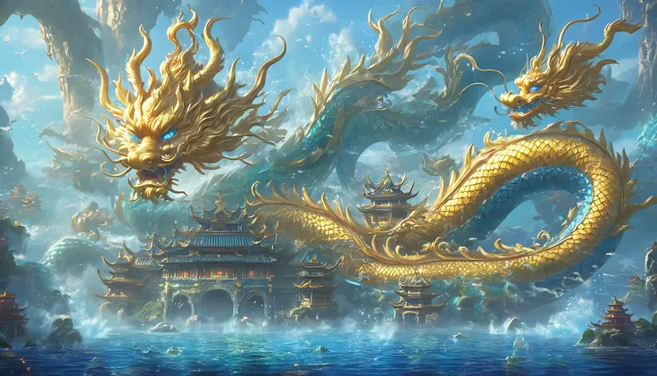 in the fantasy world, Undersea Palace，Traditional Chinese architecture，Golden Dragon，Rich details,thunder