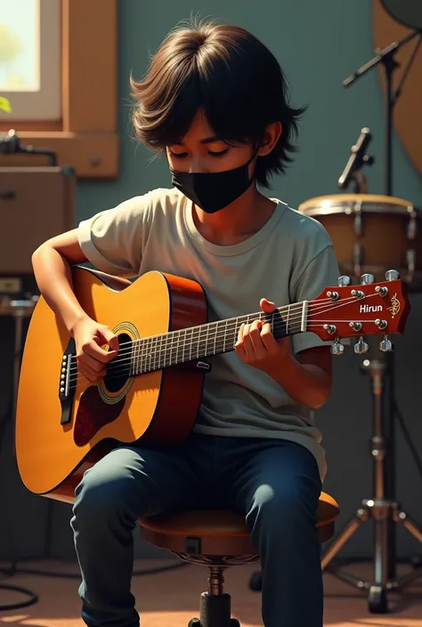 sri lanka music band background, and 13years old boy wearing Casual shirt with black mask, medium beautiful hair,sitting playing in the guitar of , with name" Hirun" write on number plate, 3d art painting realistic photo