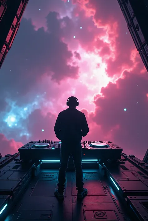 Dj on Deck of a spaceship flying through nebula clouds in space