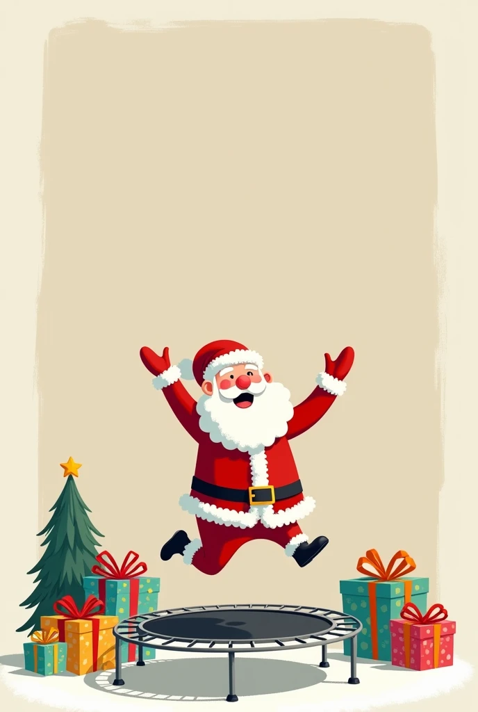 Give me an image that has a Santa Claus riding a trampoline with gifts on the side of that image and that has a space to write and that the image is rectangular