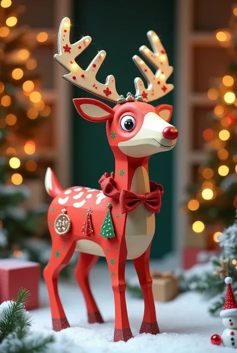 GENERATE A CHRISTMAS ADVERTISEMENT FOR A DEER MADE OF CARDBOARD BUT ALREADY PAINTED AND DECORATED 