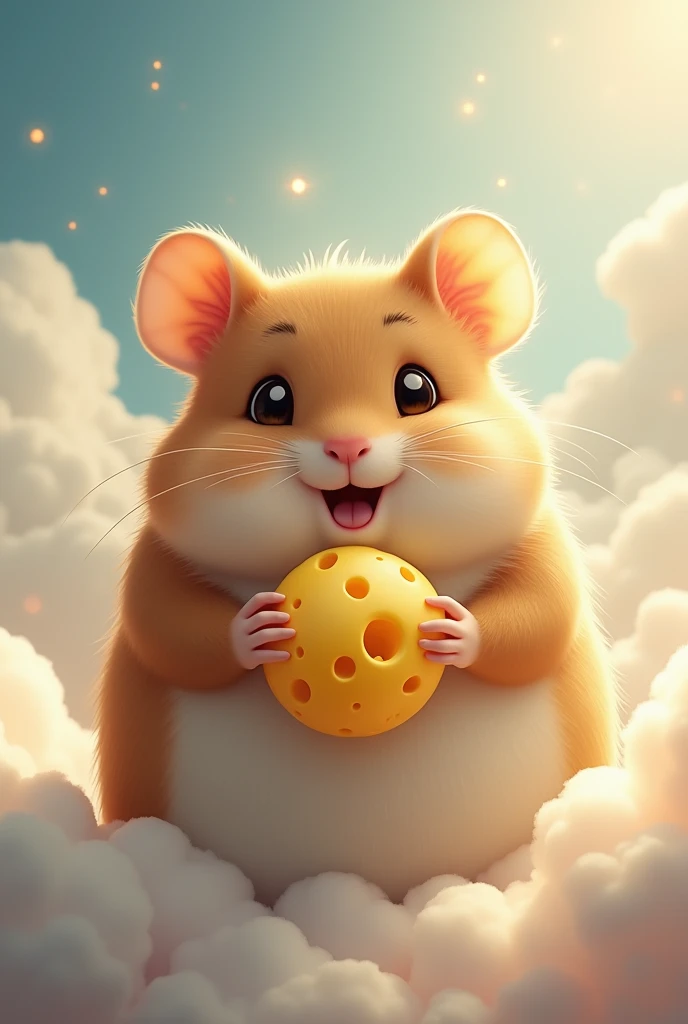 make a full brown cute fat hamster in heaven while holding a cheeseball