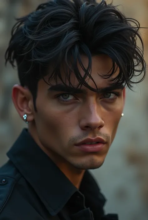 European Art ,  25-year-old male, Messy hair from the headboard, cabello negro azabache,  piercing eyes, thick eyebrows,FBI , gray eyes,  pierced ears clothing, threatening, sexy, sensual,  razor-sharp jaw ,  penetrating gaze , Cold and mysterious characte...